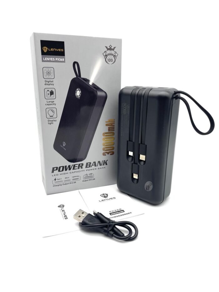 Потужна портативна зарядка Power bank LENYES PX368 30000mAh 4хUSB, MicroUSB, Type-C