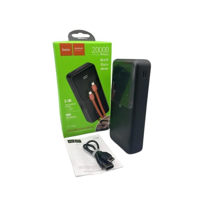 Power Bank Hoco 20000 mAh з функцією Швидкої Зарядки 22.5W і Вбудованим Кабелем Чорний