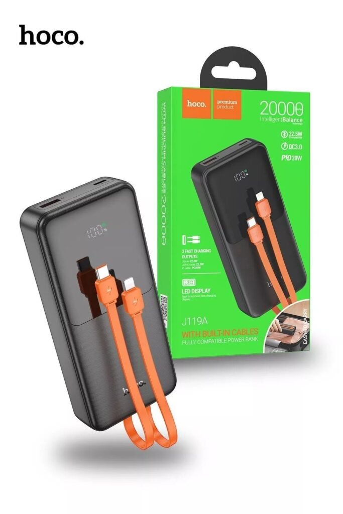 Power Bank Hoco 20000 mAh з функцією Швидкої Зарядки 22.5W і Вбудованим Кабелем Чорний